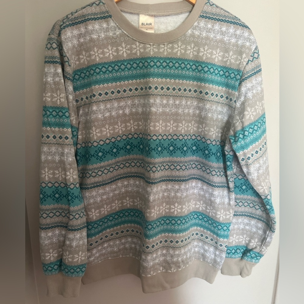 Blair Teal and Gray Snowflake Patterned Crew Neck Sweater M